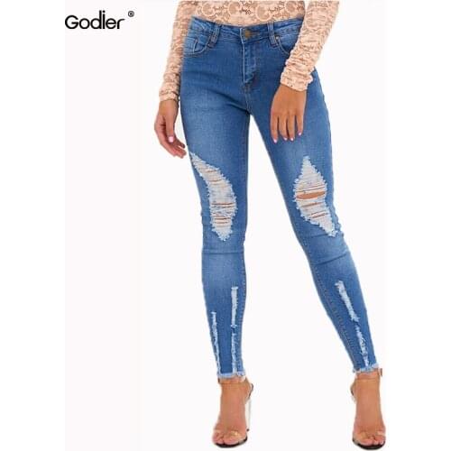 Godier Spring Summer Stretchy Blue Hole Ripped Jeans Woman Denim Pants Trousers For Women Pencil Skinny Jeans