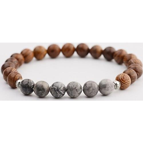 Amader 2018 Natural Wood Beads Bracelets Men Prayer Meditation Amazonite&Gray Stone Balance Bracelet For Women Yoga ABJ032