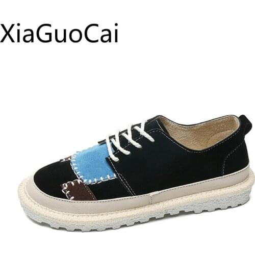 Spring and Summer New Fashion Women Flat Casual Shoes Retro Stitching Lace Up Ladies Canvas Shoes Rubber Casual Sneakers
