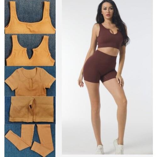 2/3/5PCS Yoga Set Gym Clothing Seamless Leggings Sportswear Women Tracksuit Fitness Crop Top High Waist Sports Suits With Shorts