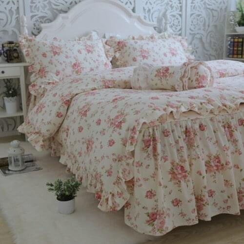 Garden Flower Print Bedding Set Quality Full Cotton Ruffle Duvet Cover Elegant Bed Sheet Skirt Type Princess Bedspread