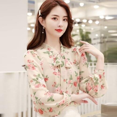 Korean Fashion Womens Clothing , Ladies Bow Floral Printed Lantern Long Sleeve Chiffon Blouse Top Shirt , Woman Tops Blouses