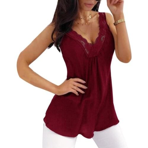 Plus Size Vest Fashion Summer Sexy Tanks Tops Clothing Lady Solid Color Lace Patchwork V Neck Women Sleeveless Tank Top Vest