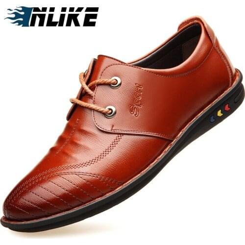 INLIKE Men Leather Flats Shoes Solid Color Breathable Non-slip Soft Buttom Doug Shoes Lace-Up Spring/Autumn Mens Shoes