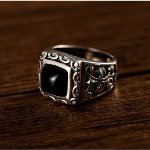 925 Sterling Silver Retro Thai Silver Crusade Flower Black Onyx Quartet Trend Mens Ring
