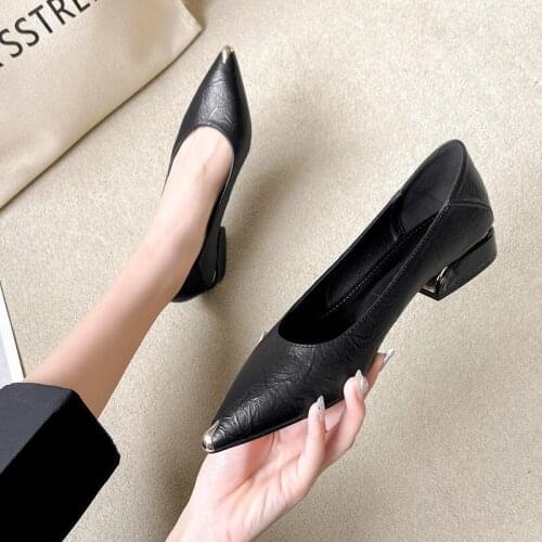 2021 New British Style Pointed Toe Small Leather Shoes Metal Toe Two Wear Thick Heel Single Shoes Women Casual Work Shoes