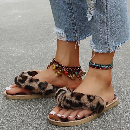 Kalsooni 2021 New Women Furry Flip flops Slipper Plush Home Leopard Slippers Thickend Soft Casual Slippers