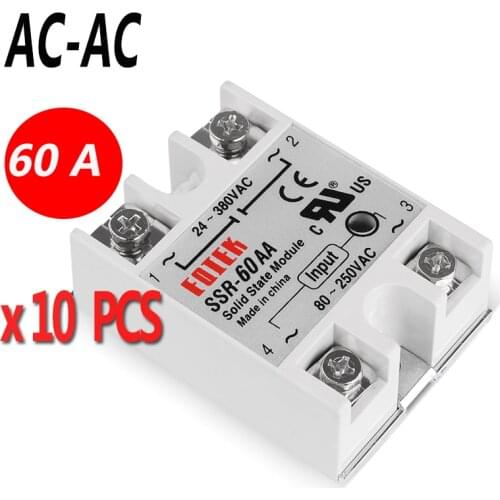 10 pcs SSR 60A Single Phase Solid State Relay SSR-60 AA SSR 80-250VAC TO 24-380VAC AC-AC