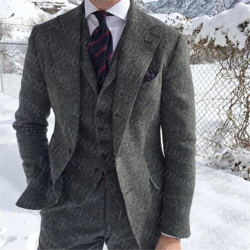 2021 Fall Winter Grey Herringbone Suit Men Groomsmen white Groom Tuxedos Peak Lapel Men Suits Wedding Prom Best Man Blazer