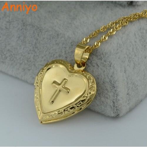 Anniyo Cross Box Necklace for Womens/Girl,Crucifix Pendant Gold Color Brass Real Charm Latin Cross Heart Necklaces #004302