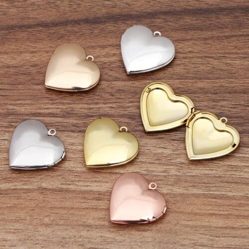10pcs 27mm Brass Metal Heart Shape Frame Photo Locket Pendant Charms Smooth Face DIY Necklace Jewelry Accessories