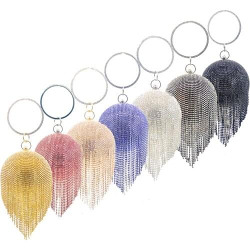 Luxury Round Tassel Girls Women Evening Bags Glitter Party Clutch Bag Bling Crystal Rhinestone Ball Purse Handbag