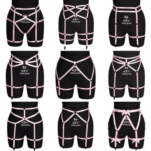 Pink Garter Belt Punk Gothic Lingerie Harness High Waist Stockings Panties Hollow Out Body Bondage Plus Size Women Party Wear