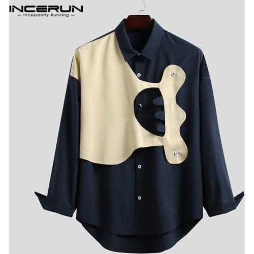2021 Men Casual Shirt Long Sleeve Turn Down Collar Patchwork Chic Blouse Button Leisure Streetwear Camisas Hombre S-5XL INCERUN