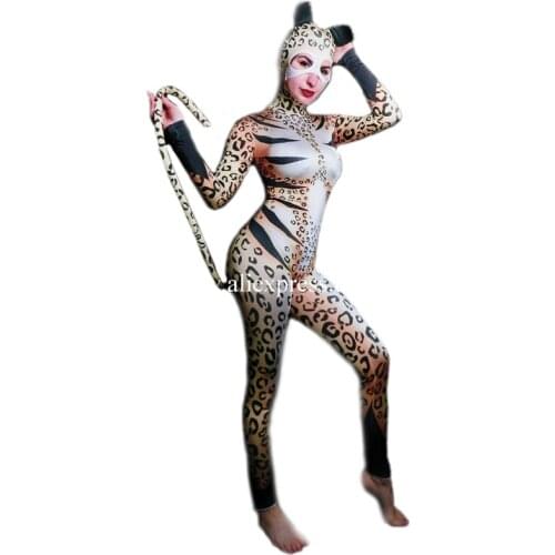 Sexy Lady Leopard Stage Performance Costume Halloween Cat Tail Cosplay Clothes Party Event Dance Suit