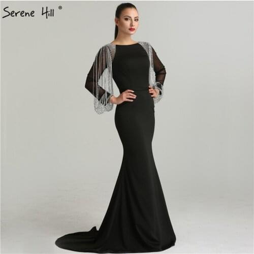 Serene Hill Long Sleeves Black Beading Chain Elegant Mermaid Prom Dress Crystal Beading Satin Formal Party Gown 2020 CLA6219