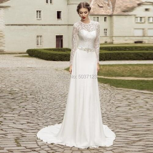 Chiffon Long Sleeves Wedding Dresses Vestido De Noiva O Neck Lace Appliques Beading Belt Lace Up Bridal Wedding Gown Court Train