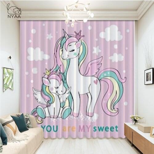 Cartoon Unicorn Window Curtain Cute Rainbow Blackout Curtain Girly Kids Rod Pocket Living Room Curtain Dropship Micro Shading