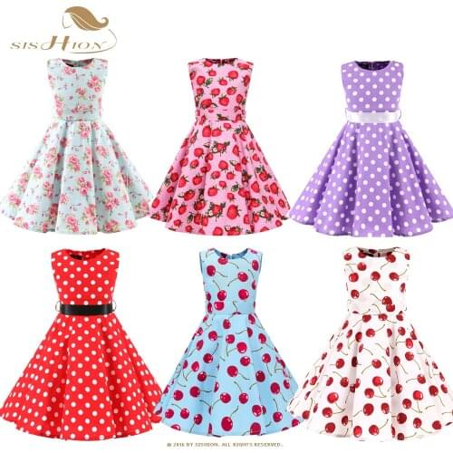 SISHION Kids Baby Girl 50s Vintage Dress Sleeveless Polka Dot Dress VD1152 High Waist A-Line Floral Retro Dress for girl