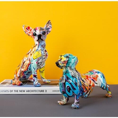 Resin Dachshund Figurine Colorful Dog Statue Bulldog Sculpture Mexican Home Decor Living Room Office Crafts Gift Ornaments