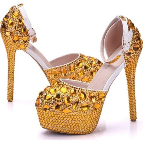 Spring summer Women Pumps Shoes Waterproof platform Rhinestone Round Toe Thin Heels 14 cm High Heels Womens Wedding Shoes