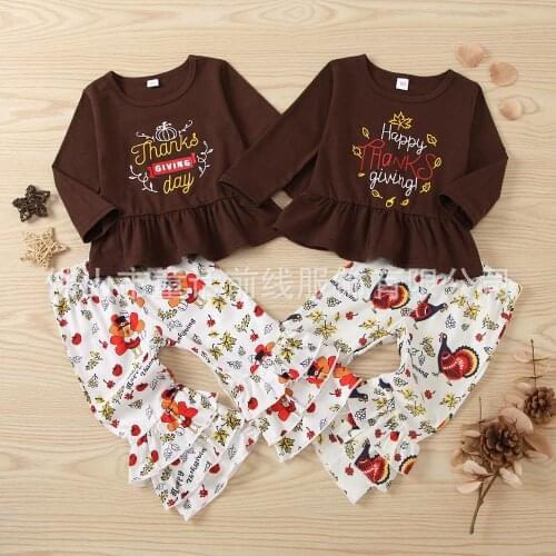 2-6 Years Winter Toddler Christmas Clothes Kids Baby Girl Clothing Thanks day Tops T-Shirt Ruffle Flare Pants Set Girls Outfit
