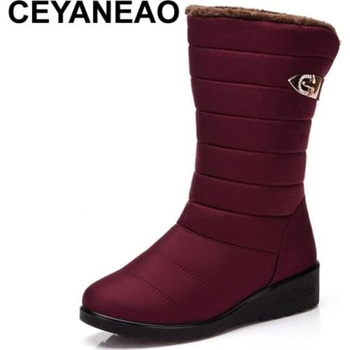 CEYANEAO New Women Warm Solid Anti-Slip Snow Boots Waterproof Female Winter Boots Thermal Shoes For Women Thick Fur Cotton Shoes