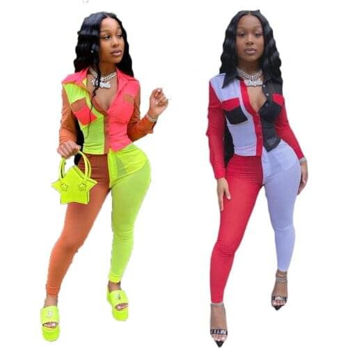 2020 new arrival women hot selling two piece suit multi color long sleeve turn neck patchwork shirt set