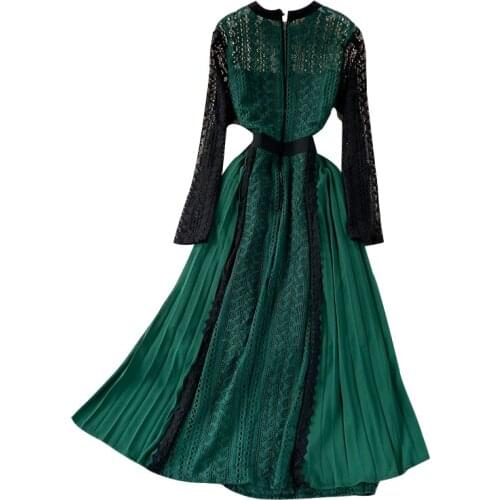 Spring Women Long Sleeve Slim Long Dress Pleated Hem Patchwork Hollow Out Lace Runway Dress Autumn Vestidos Mujer Verano 2021