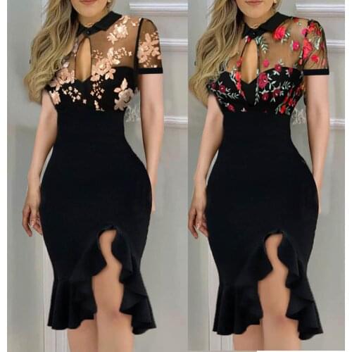 Women Dress Slit Ruffles Hem Floral Pattern Slimming Lace Short Sleeve Dress Summer Sexy Elegant Party Dresses vestido de mujer