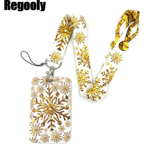 Golden Snowflake Lanyard Credit Card ID Holder Bag Student Women Travel Card Cover Badge Car Keychain Decorations