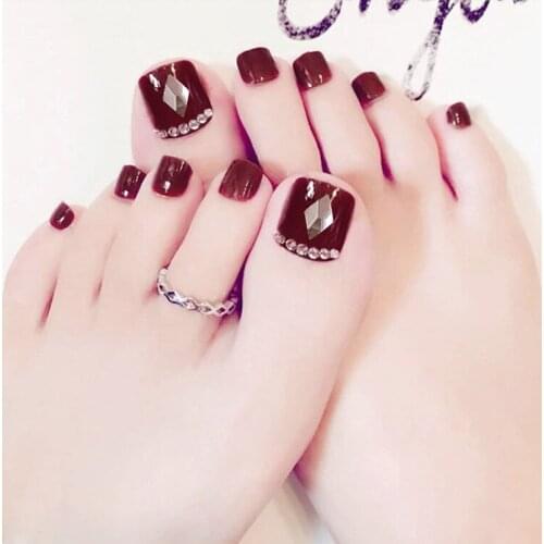 24pcs Rhinestones Inlaid Toenail Patch Red Wine Glue Type Removable Short Paragraph Manicure False Toenail Patch Nail Sticker
