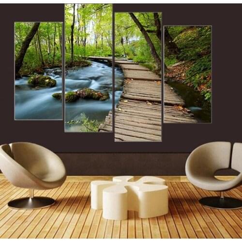 4 Pc Waterfall Green Forest Road Room Deco Painting On Canvas Home Prints Liveing Room Deco Top Fashion Wall Art Decorate Poster