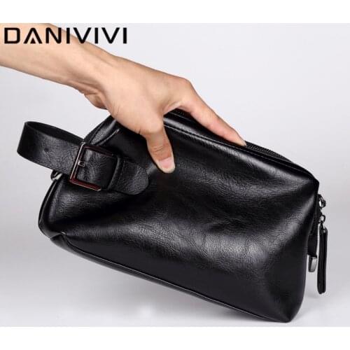 Business Men Cluth Bag for IPad Documents Big Purse Soft Leather Handbag Fashion Mens Wallet Hand Bags Zipper Black Phone Bag