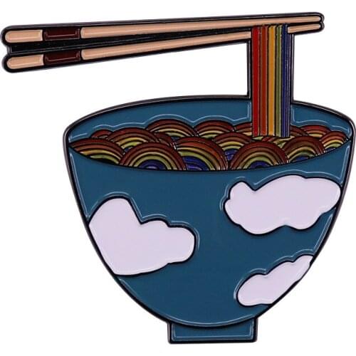 Wooden chopsticks White cloud pattern bowl Rainbow Ramen Noodle Foodie Japanese food Metal Enamel Lapel Coats Badge Brooch Pin