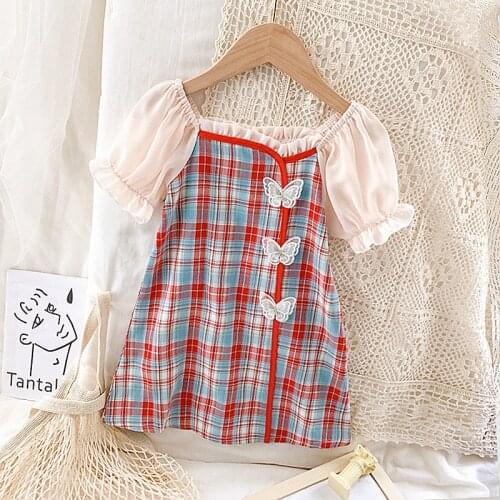 Girls fashion dress childrens plaid cheongsam clothing summer Chinese style pure cotton short-sleeved casual princess dresses