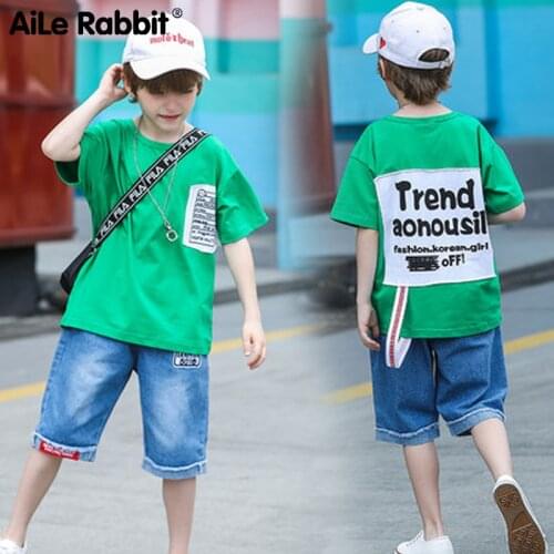 Boys Clothes Set Short Sleeve T-Shirt Jeans 2 Piece Set Red Green Childrens Clothing For Boys Boutique Apparel