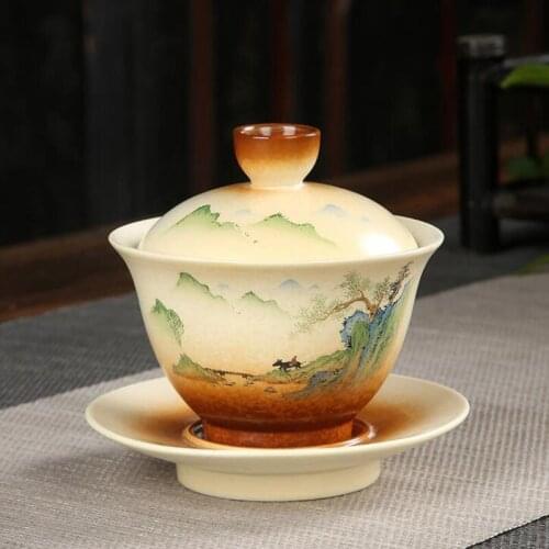 Retro Coarse Pottery Sancai Gaiwan Hand-painted Tea Cup Kungfu Tea Tool Scenery Pattern Decorated Teaware Drinking Accessories