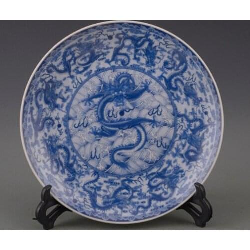 Exquisite Chinese Handmade Blue and White Porcelain Plate Painted With Nine Dragon Designs