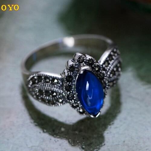 100% s925 pure silver ornaments Thai silver restoring ancient ways with synthetic blue corundum female ring