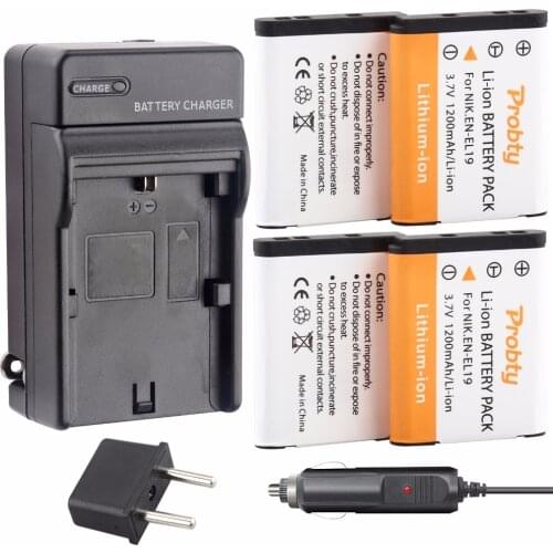 PROBTY 4PCS EN-EL19 Battery Pack + Charger + Car Charger For Nikon S2500 S2600 S2700 S3100 S3200 S3300 S3500 S4100 S4150 S6500
