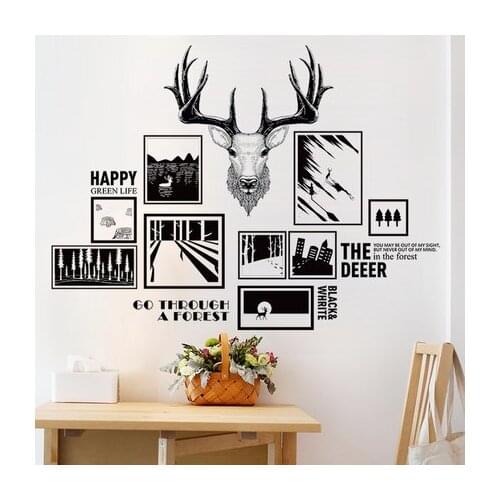 Creative 80*109cm Black and White Deer PVC Wall Sticker Paintings for Living Room Bedroom Wall Decals Mural Art