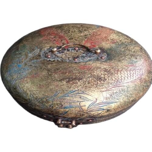 Brass collection round darts ink cartridge relief color painting copper box Qing Dynasty jewelry storage box