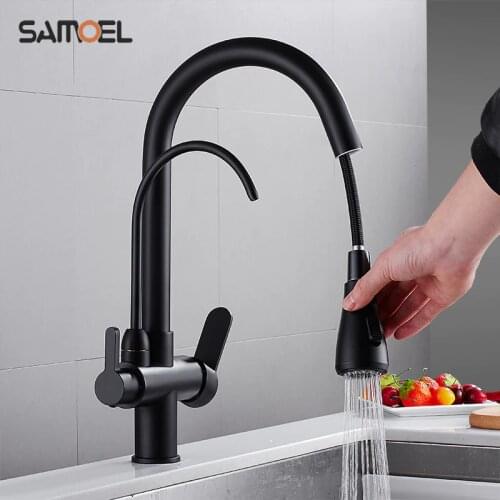 Brass Kitchen Water Filter Mixer Taps Black Paint Cold Hot Water Crane Three Way Dual Handle Pull Out Sink Faucet B3322