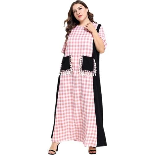 M-4XL Large Size Ladies Short Sleeved Gown Fashion Plaid Pocket Loose Dress 2021 Summer Sexy Casual Wear In Europe And America