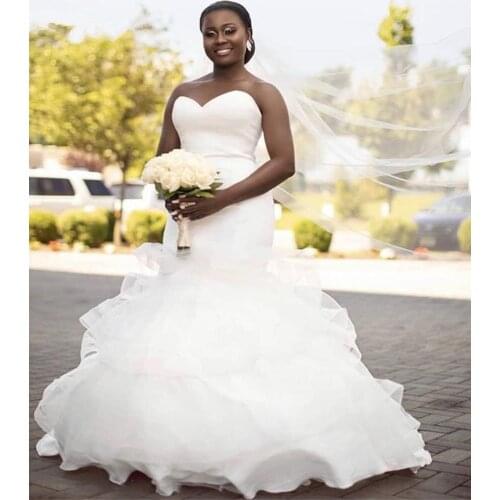 Custom Made African Strapless Mermaid Wedding Dresses Sweetheart Neck Sweep Train Satin Backless Plus Size Bridal Gowns