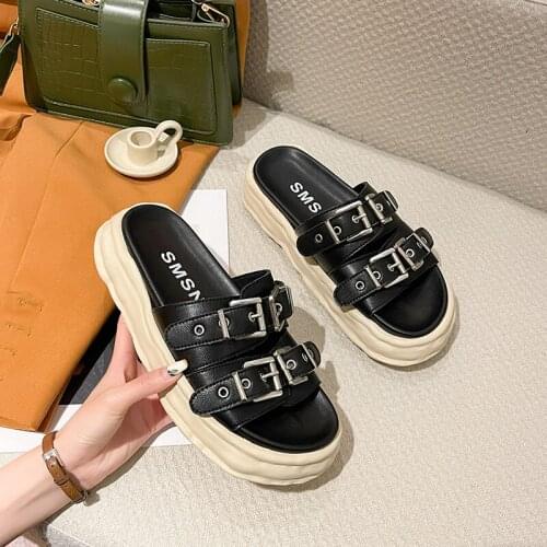 Summer Slides 2021 Double Strap Buckles Platform Fashion Goth Slippers Hot Womens Matal Sandal For Comfy Black Shoes