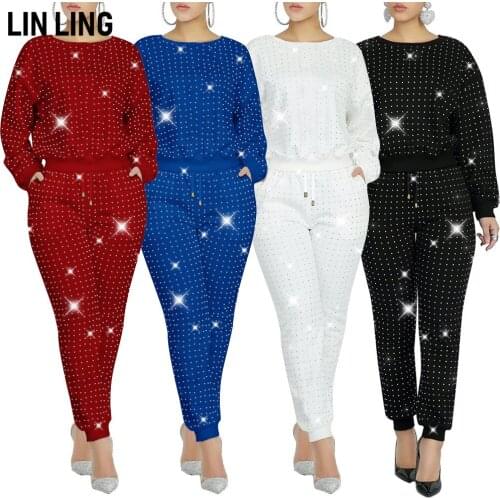 LINLING Hot Drill Long Sleeve Solid Suit Round Neck Pullover T-shirt + Pocket Simple Style Lace Up Pencil Pants