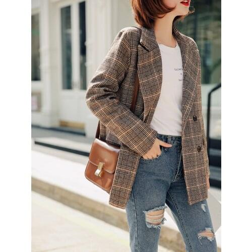 Vintage Double Breasted Plaid Women Blazer Pockets Jackets Female Retro Suits Coat Feminino blazers Outerwear women clothes