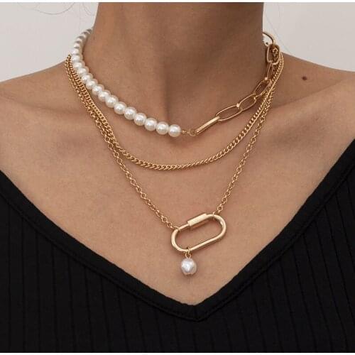 Vintage Asymmetrical Thick Chains Pearl Pendant Necklace for Women Punk Geometric Multilayer Necklace Pendant Jewelry Kolye